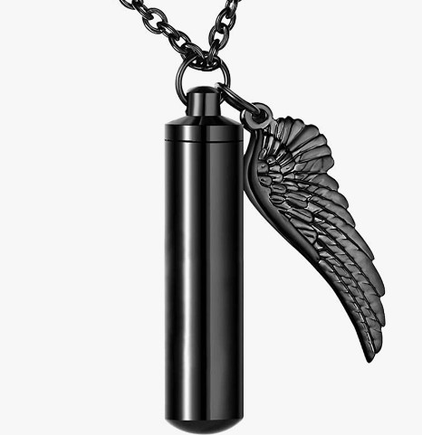 Dletay 円柱骨壺ネックレス 遺灰用メモリアル形見ペンダント 天使の翼付き ステンレススチール 追悼ジュエリー